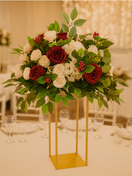 Aranjament floral cu ruscus si trandafiri grena – 35 cm diametru