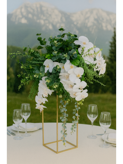 Aranjament Floral Curgator cu Eucalipt si Orhidee din Silicon – Diametru 50 cm