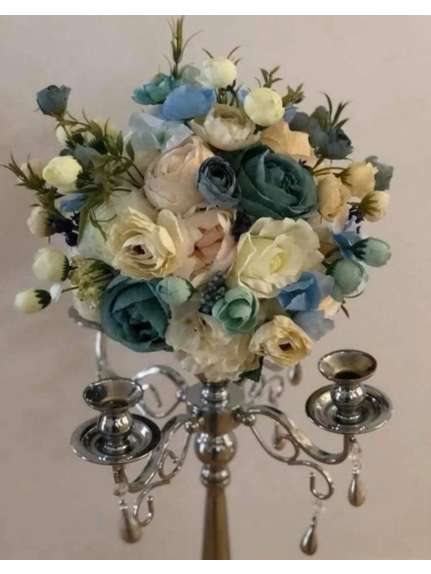 Aranjament floral diametru 40 cm Alb-Crem-Turcoaz.