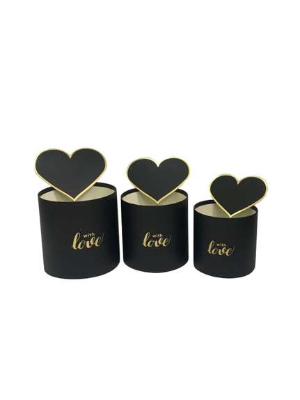 Set 3 cutii rotunde cu capac inimă – Negru – Cod 7792