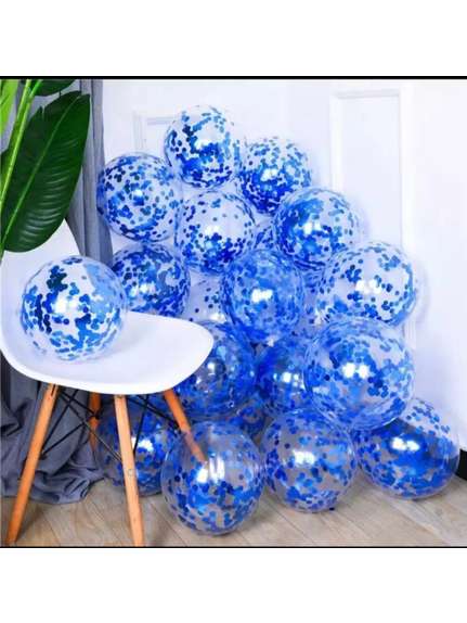 Set 50 Baloane Latex – Transparente cu Confetti Albastru (30 cm)