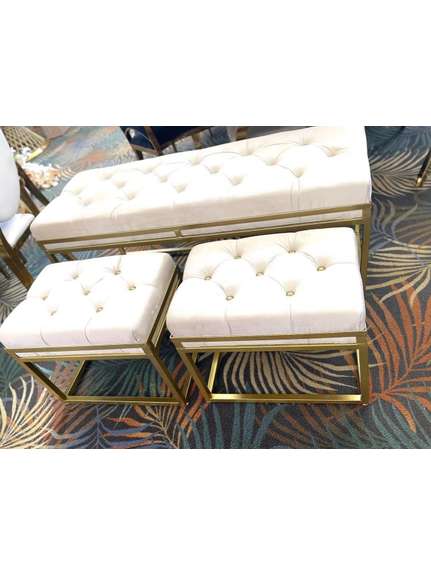 Set Bancheta si 2 Taburete din Catifea Ivory
