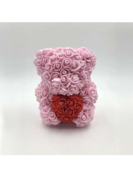 Urs din trandafiri artificiali – 25 cm, Roz cu inima Rosie (cu cutie inclusa)