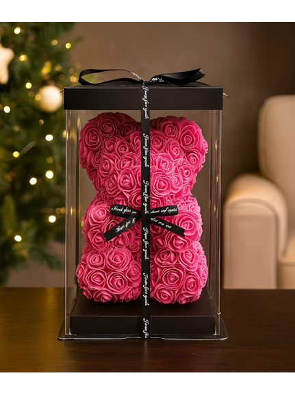Urs din trandafiri – 25 cm – Roz (cu cutie cadou)