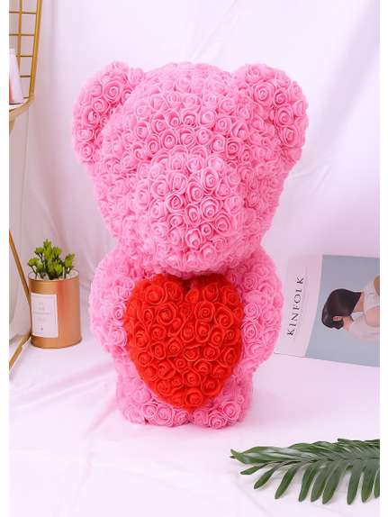 Ursulet in picioare din flori artificiale 40 cm – Roz cu inima rosie (fara cutie)
